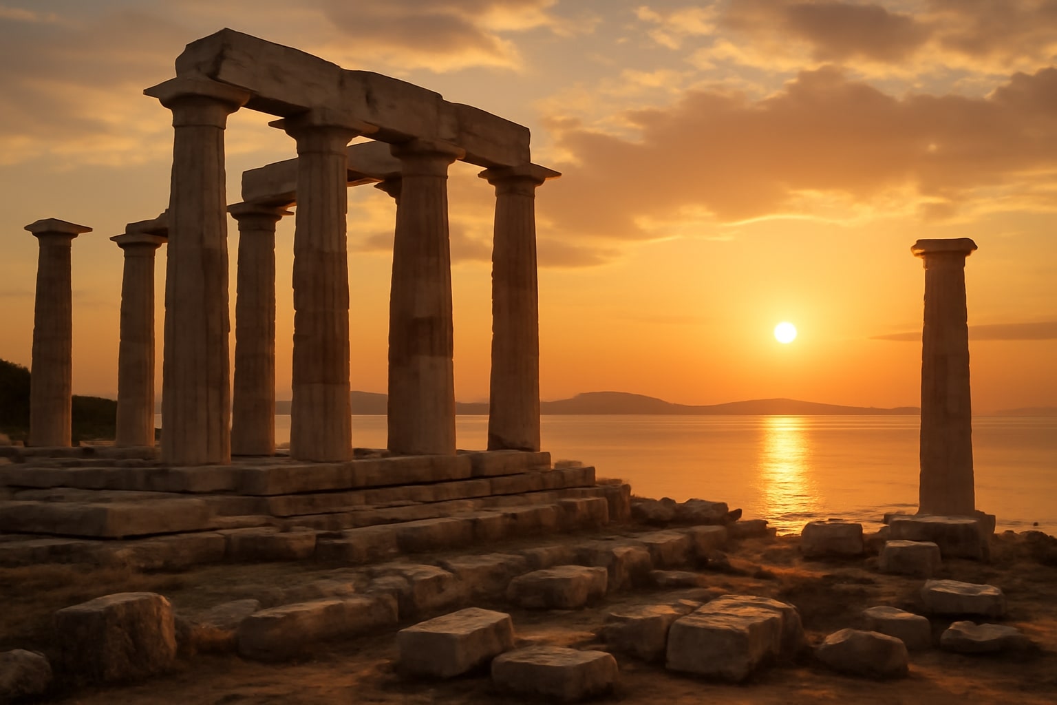 Exploring Greece’s Historic Ruins Under a Sunset Sky
