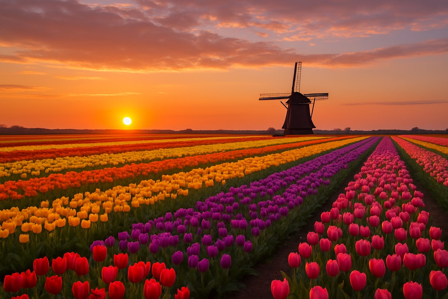 Springtime Sunsets in the Netherlands Over Tulip Fields